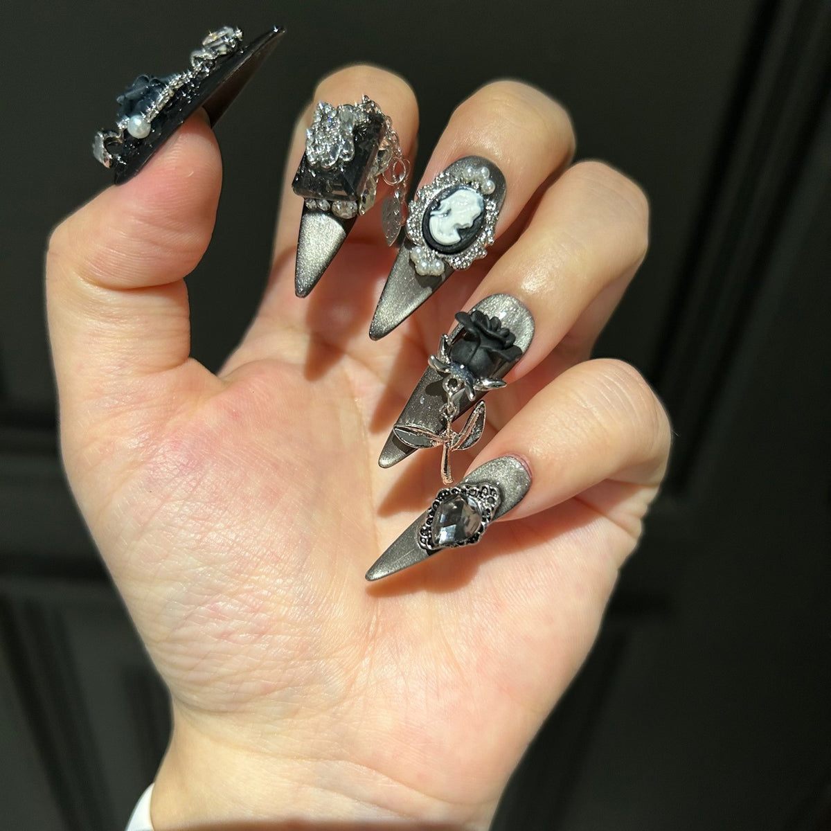 Handmade Black Gothic Cameo Portrait Long Stiletto Press On Nails with Black Roses & Rhinestone Chains