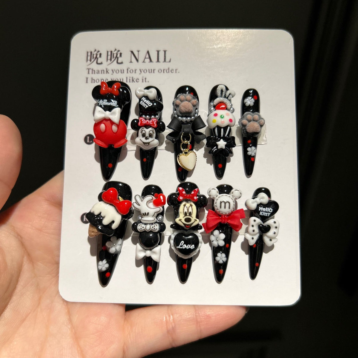 Red, Black & White Stiletto Press-on Nails with 3D Mickey Minnie, Cartoon Hand, Fluffy Paw, Cupcake, and Heart Charm - Y2K Kawaii Fake Nail Set