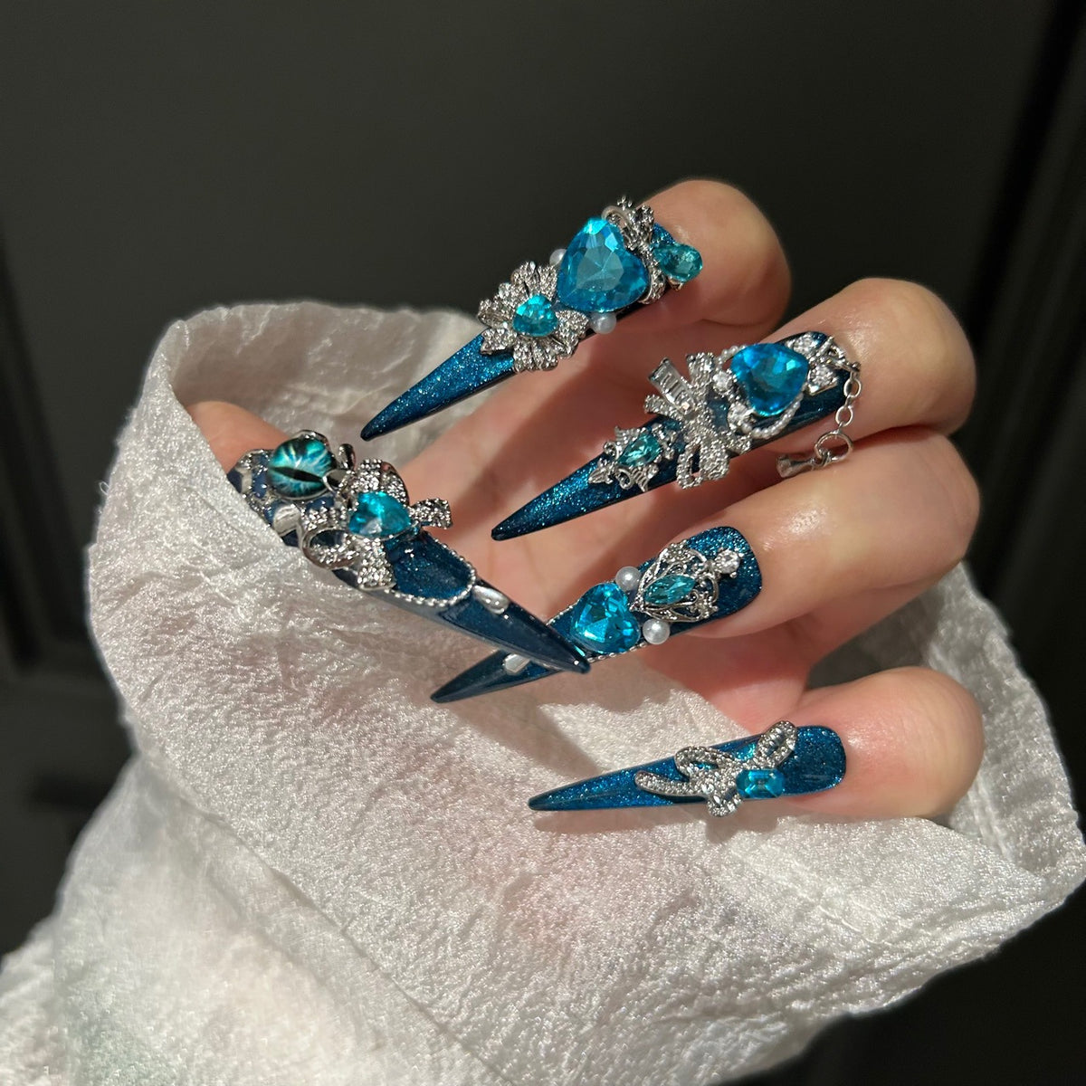 Handmade Teal Blue Cat Eye Long Stiletto Press On Nails with Evil Eye, Blue Heart Crystals & Rhinestone Bow Charms