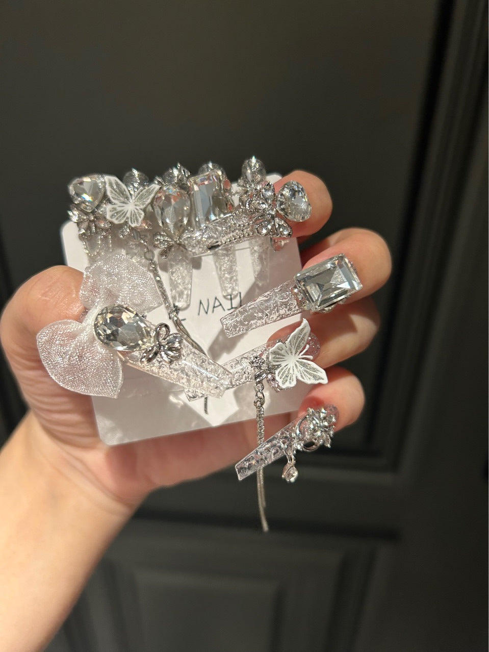 Handmade Clear Silver Glitter Butterfly Long Stiletto Press On Nails with Lace Bow & Rhinestone Chains