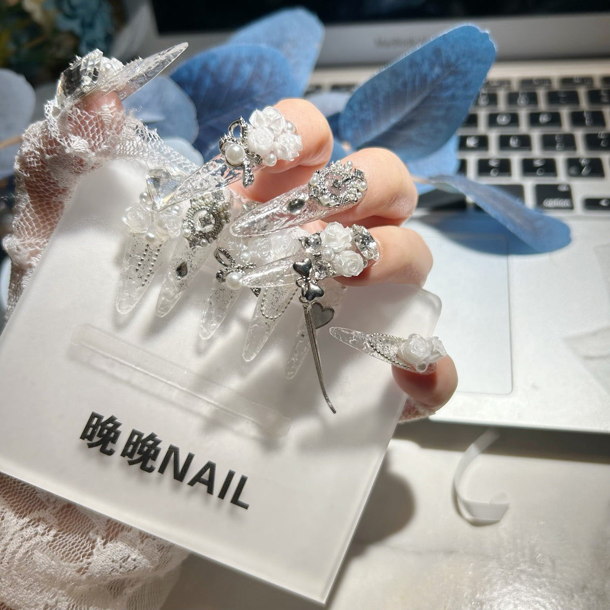 Handmade Clear Glitter White Rose Long Stiletto Press On Nails with Pearls & Silver Rhinestone Charms