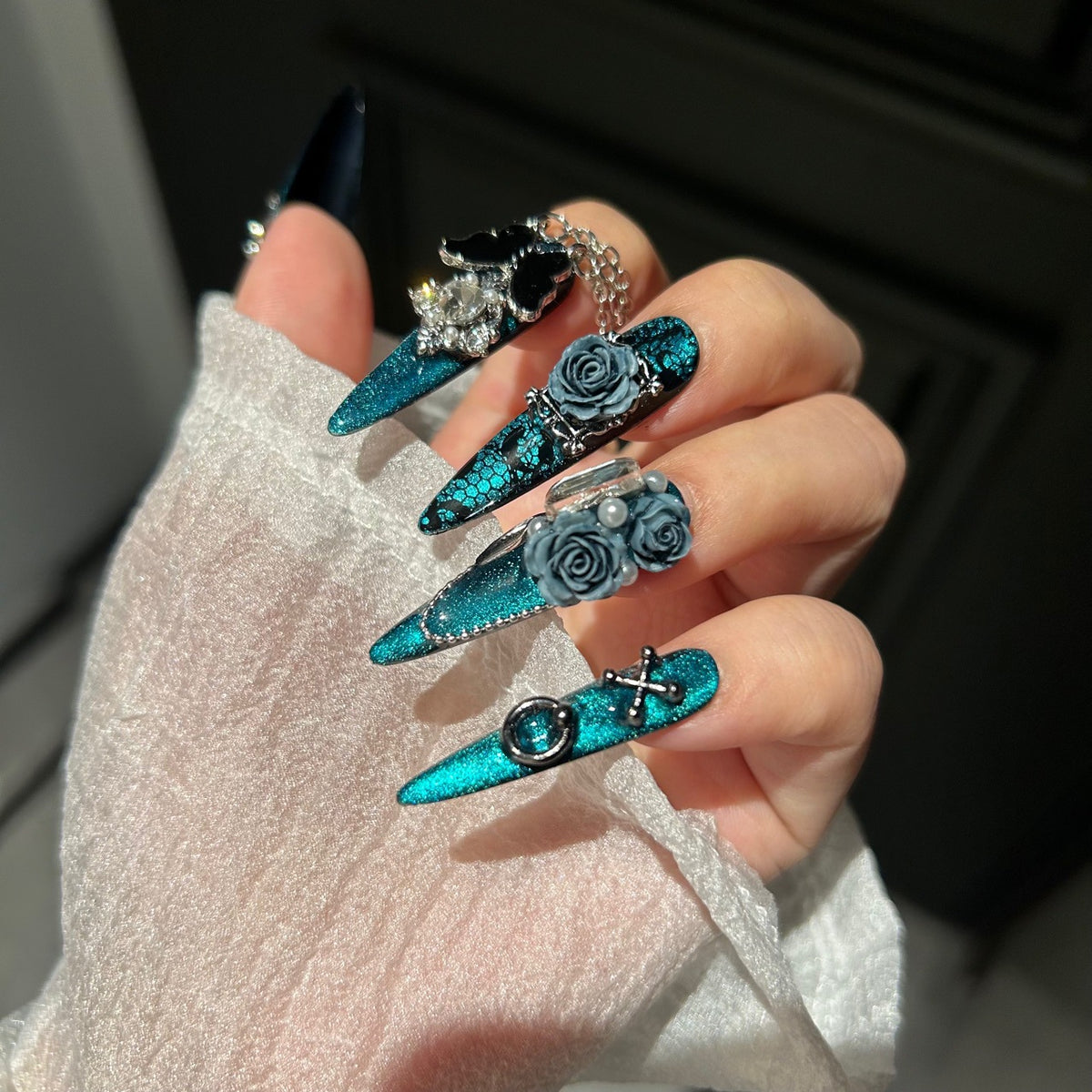 Handmade Teal Glitter Long Stiletto Press On Nails with Dusty Blue 3D Roses, Black Butterfly & Crystal Tassel Charms
