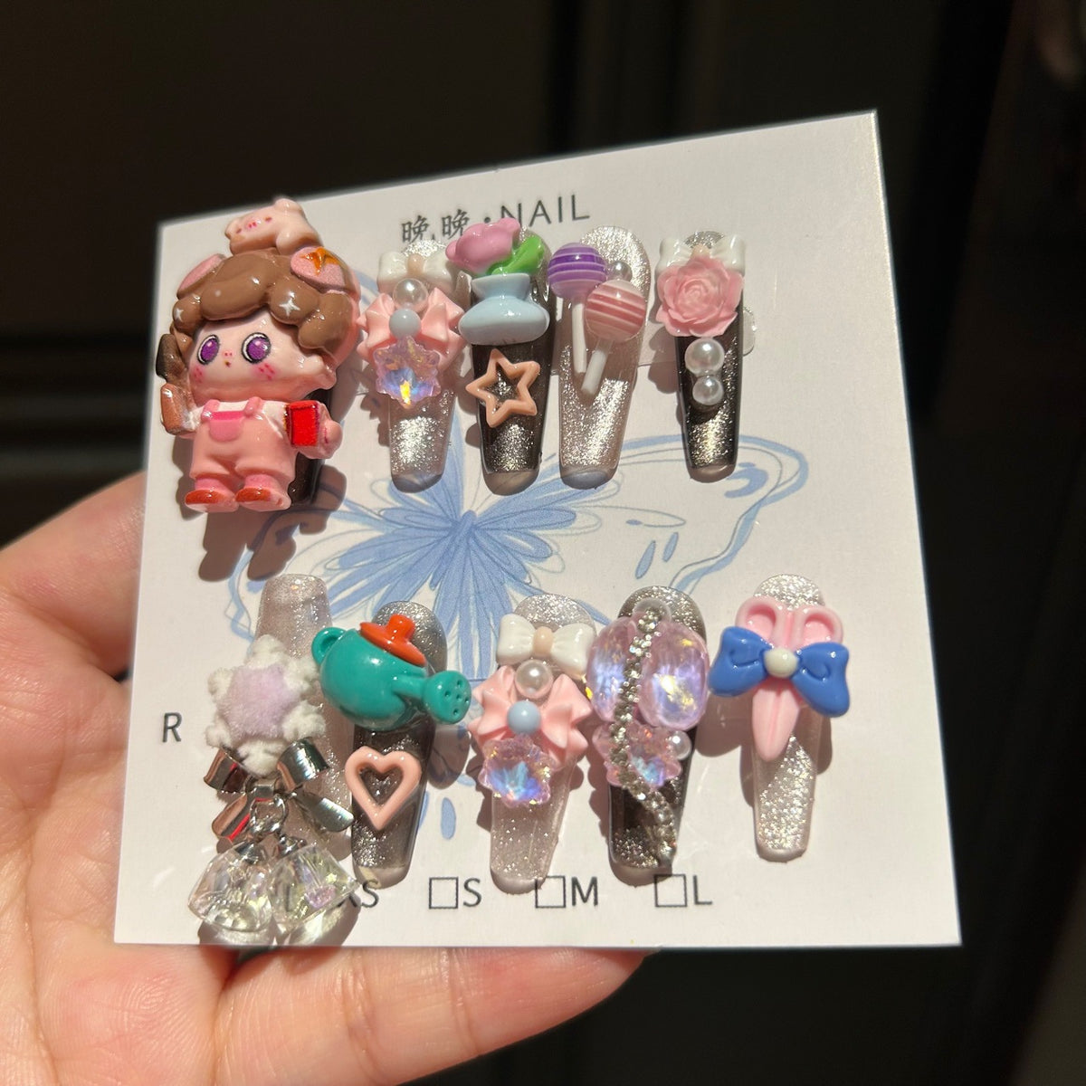 Handmade Black Glitter Long Square Press On Nails with 3D Cartoon Doll Resin Charms, Teapot, Tulip, Lollipop, Roses, Bows & Rhinestone Accents