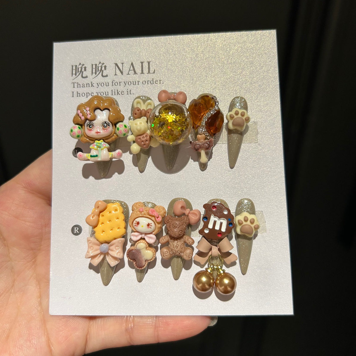 Handmade Brown Kawaii Doll Bear Cookie Long Stiletto Press On Nails with 3D Resin Charms