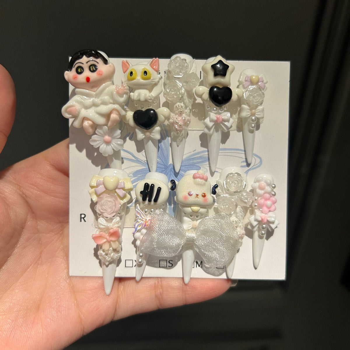 Kawaii Cartoon Anime Stiletto Press-on Nails with 3D Crayon Shin-chan, Cute Cat, Mesh Bowknot, and Trendy Charms - Sweet & Quirky Fake Nail Set