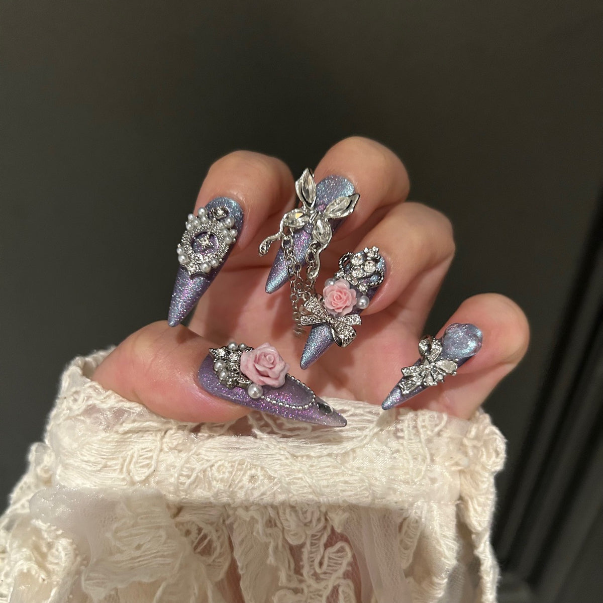 Handmade Smoky Grey Press On Nails | Luxury Dark Cat Eye & 3D Butterfly Reusable Fake Nails, Heavy Industry Rhinestone Nail Art