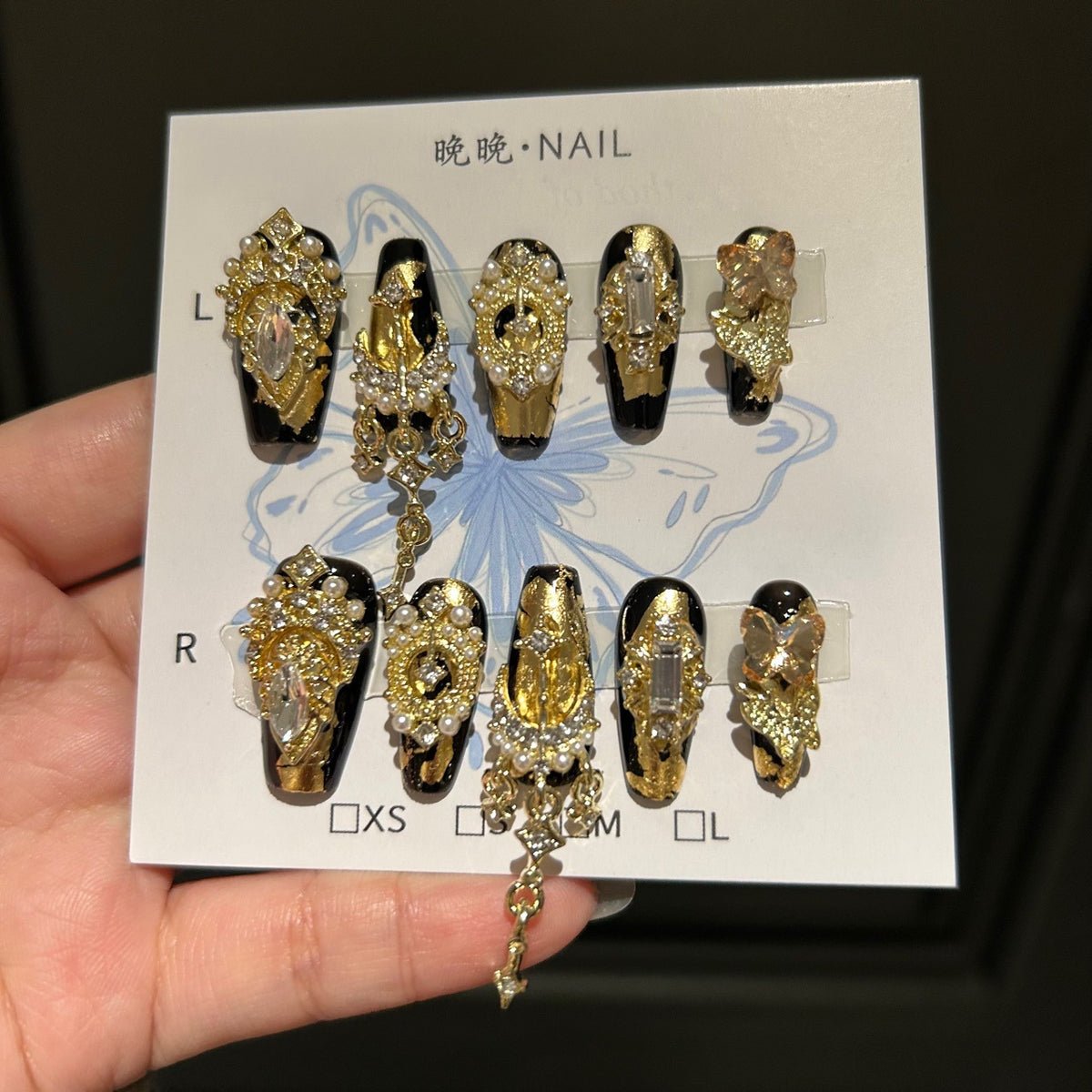 Handmade Black Gold Foil Long Coffin Press On Nails with Gold Butterfly Charms, Luxury Crystal & Pearl Clusters, Dangling Gold Chains