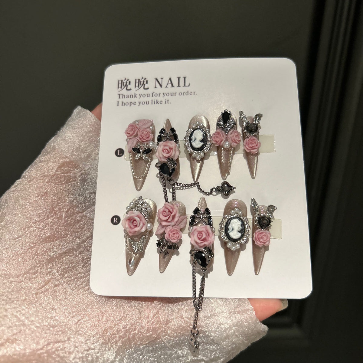 Pink Rose Butterfly Cat Eye Press-On Nails | 100% Handmade Luxury Gel Fake Nails