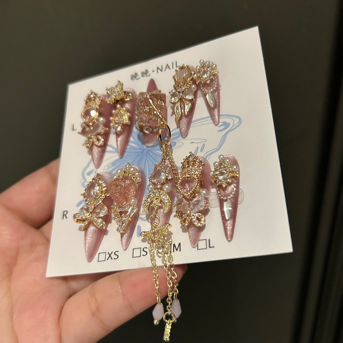 Handmade Pink Cat Eye Long Stiletto Press On Nails, Luxury Gold Butterfly & Heart Gem False Nails with Dangling Gold Chains