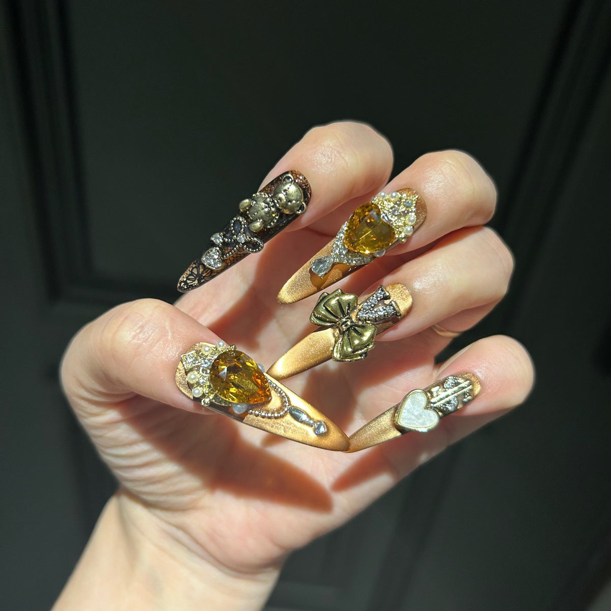 Handmade Bronze Metallic Long Stiletto Press On Nails with Amber Heart Crystals, Vintage Bear Charms, Antique Gold Bows, Lace Details & Pearls