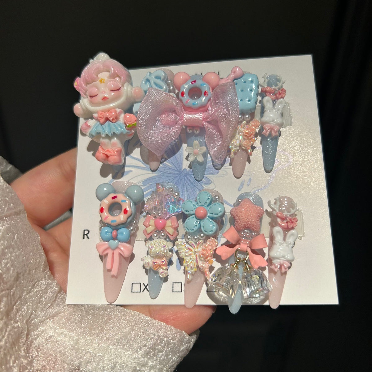 Handmade Pastel Kawaii Long Stiletto Press On Nails, 3D Cartoon Doll Bunny Donut False Nails with Bow & Resin Charms