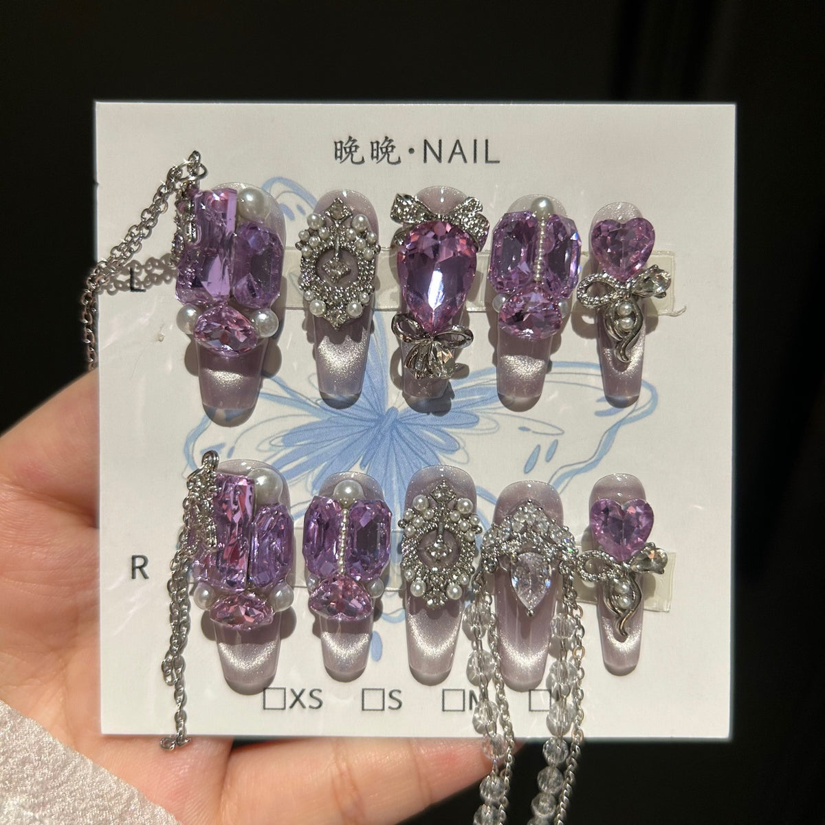 Handmade Light Lavender Cat Eye Long Coffin Press On Nails with Giant Purple Heart & Rectangle Crystals, Silver Rhinestone Bow Charms, Pearls & Dangling Chains