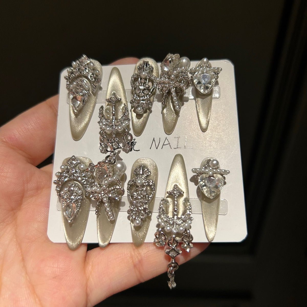 Handmade Champagne Gold Crown Long Stiletto Press On Nails with Pearls, Heart Crystals & Dangling Charms