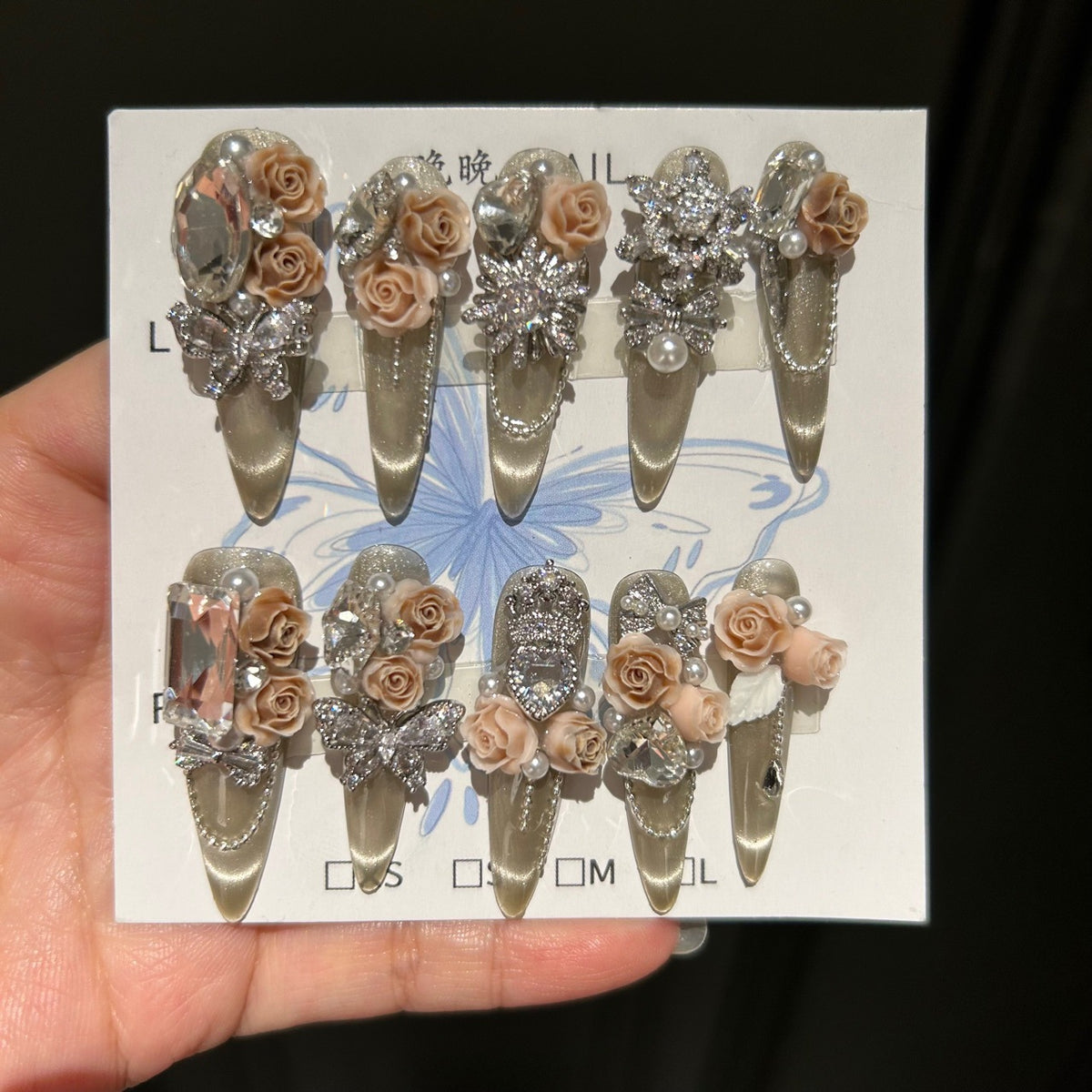 Handcrafted Designer Taupe Press-on Nails - Shimmering Cat Eye Base with Heavy 3D Rose Flowers, Crystals and Chain Drops