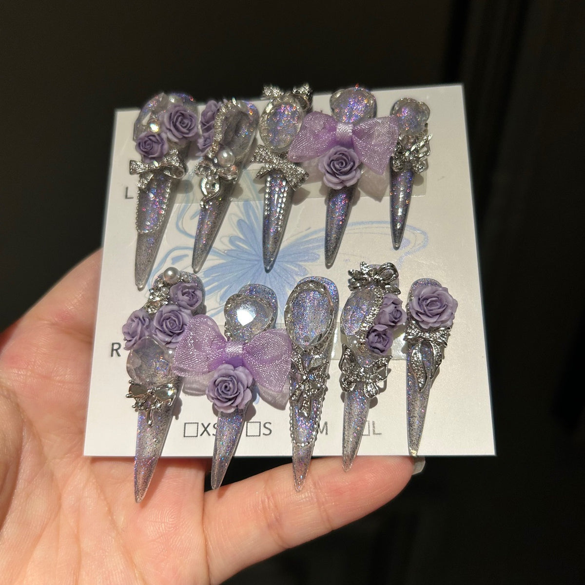 Handmade Purple Glitter Rose Bow Long Stiletto Press On Nails with Rhinestones & Pearls
