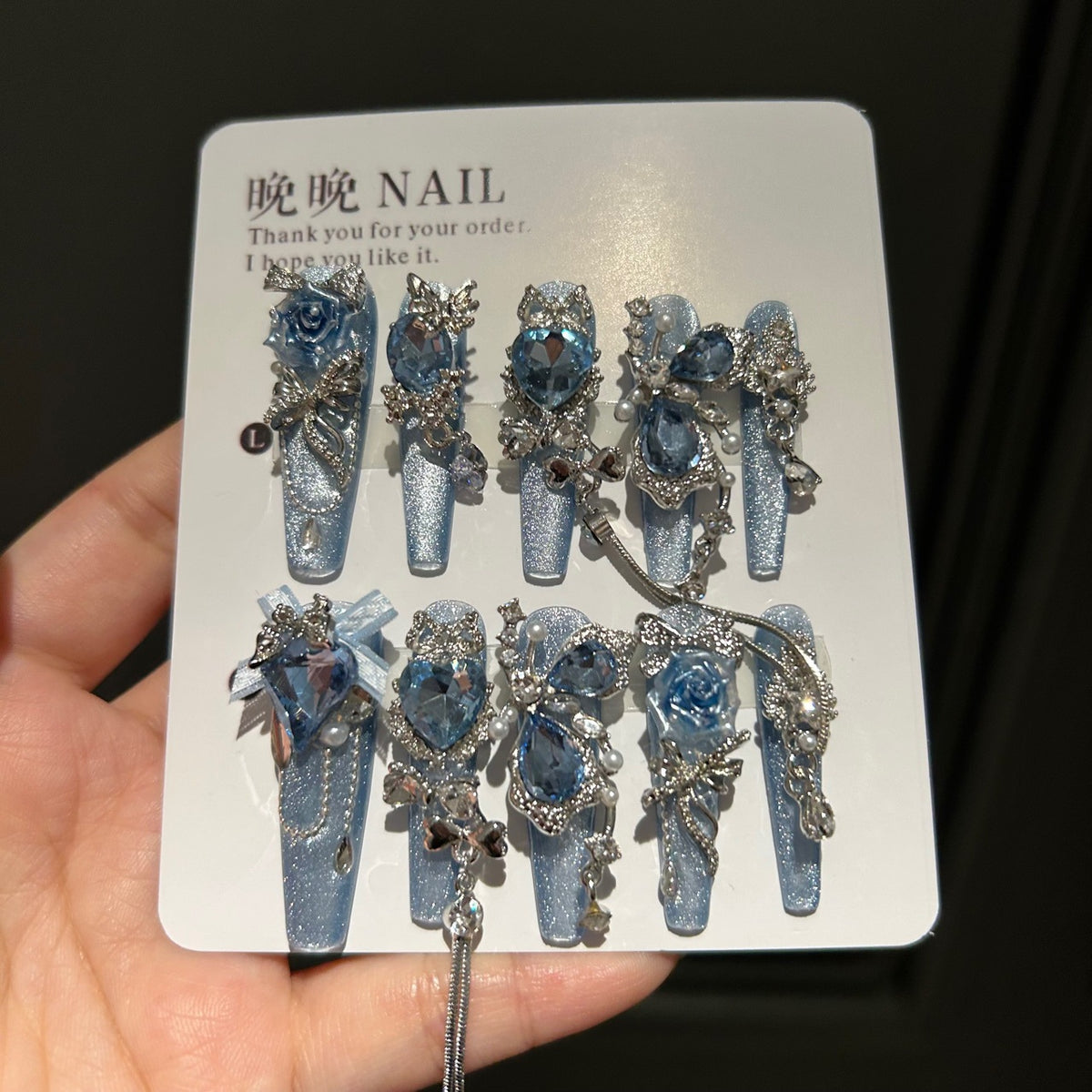 Handmade Blue Glitter Long Coffin Press On Nails with 3D Blue Roses, Large Blue Heart Crystals, Butterfly Charms, Pearls & Dangling Silver Chains