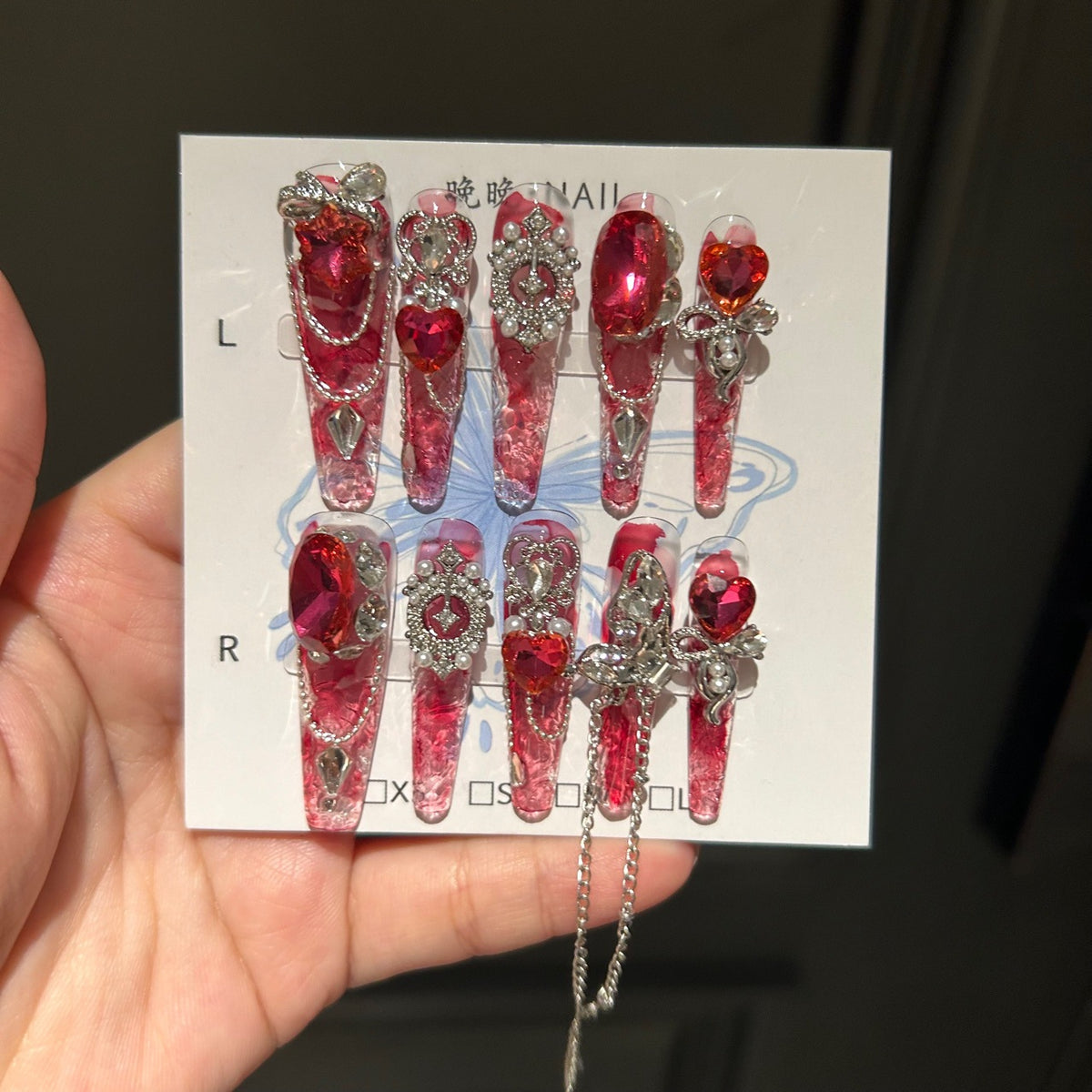 Handmade Red Crystal Long Stiletto Press On Nails, Red Heart Gem False Nails with Silver Ornaments, Pearls & Dangling Chains