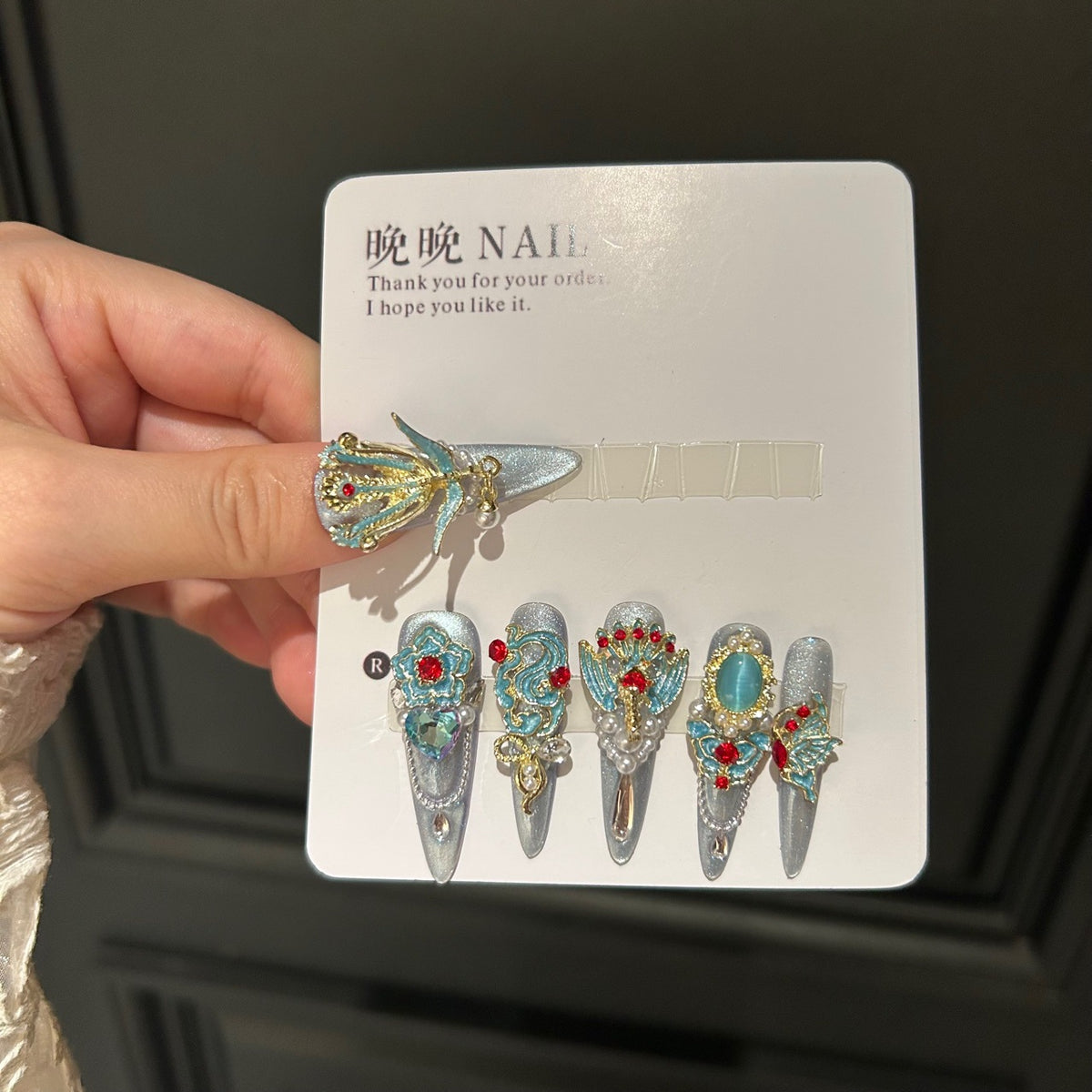 Handmade Silver Cat Eye Long Stiletto Press On Nails with Vintage Chinese Style Gold & Teal Metal Charms, Red Rhinestones, Cat Eye Gem & Pearls