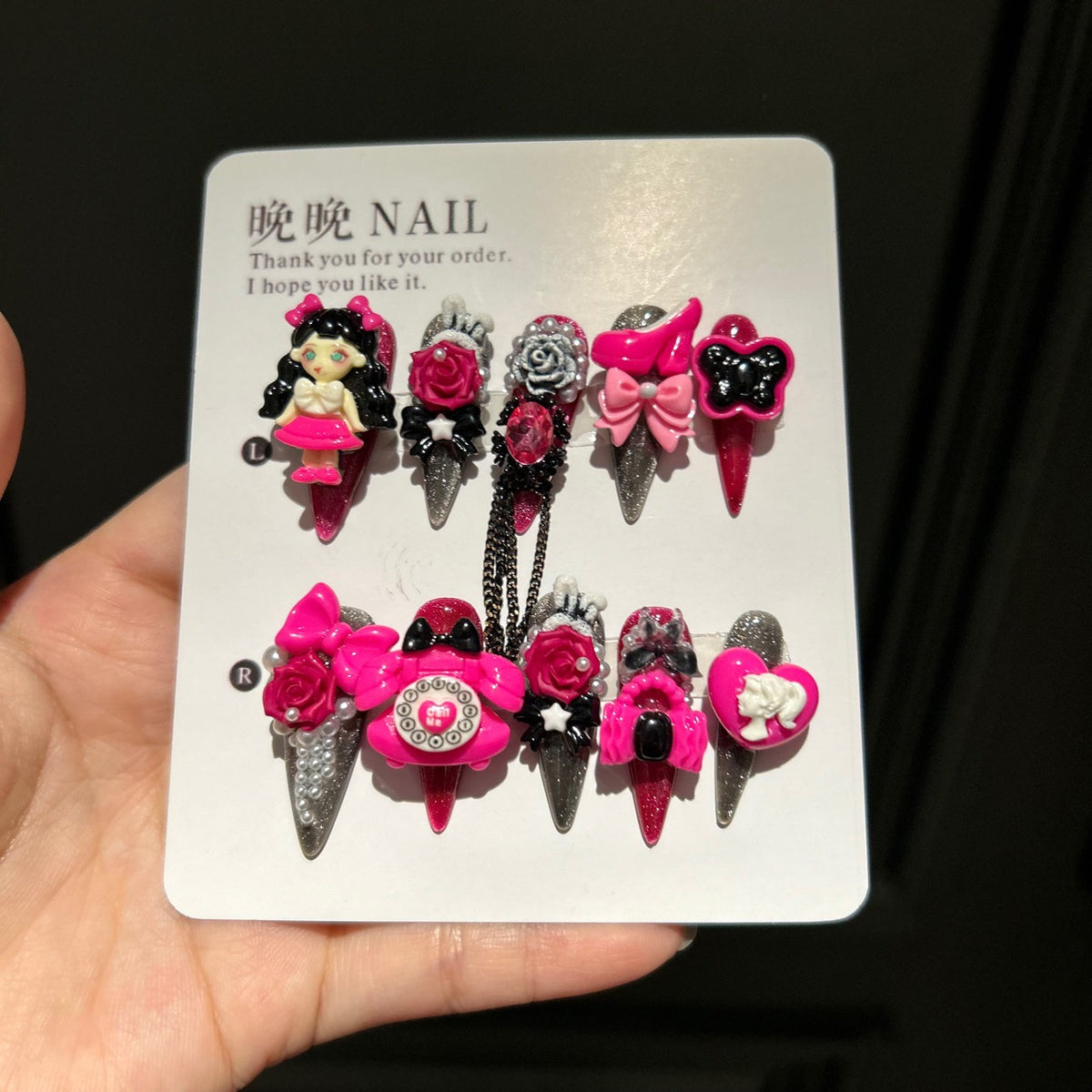 Black & Pink Cat Eye Stiletto Press-on Nails with 3D Anime Doll, Retro Telephone, Rose Flower, High Heels, and Interlinked Chain - Y2K Kawaii Fake Nail Set