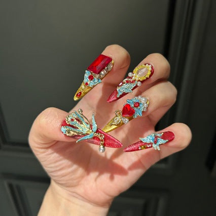 Handmade Chinese Style Red Gold Long Stiletto Press On Nails with Blue Phoenix Charms, Large Red Heart Crystals, Pearl Clusters & Gold Filigree