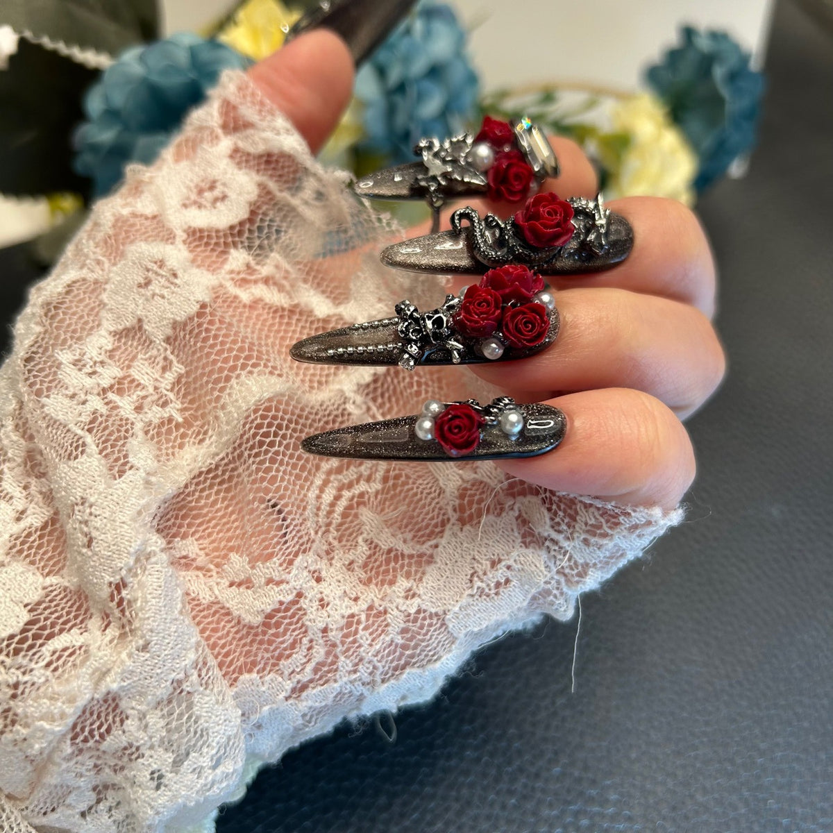 Handmade Metallic Black Long Stiletto Press On Nails with 3D Red Roses, Snake & Pearl Charms