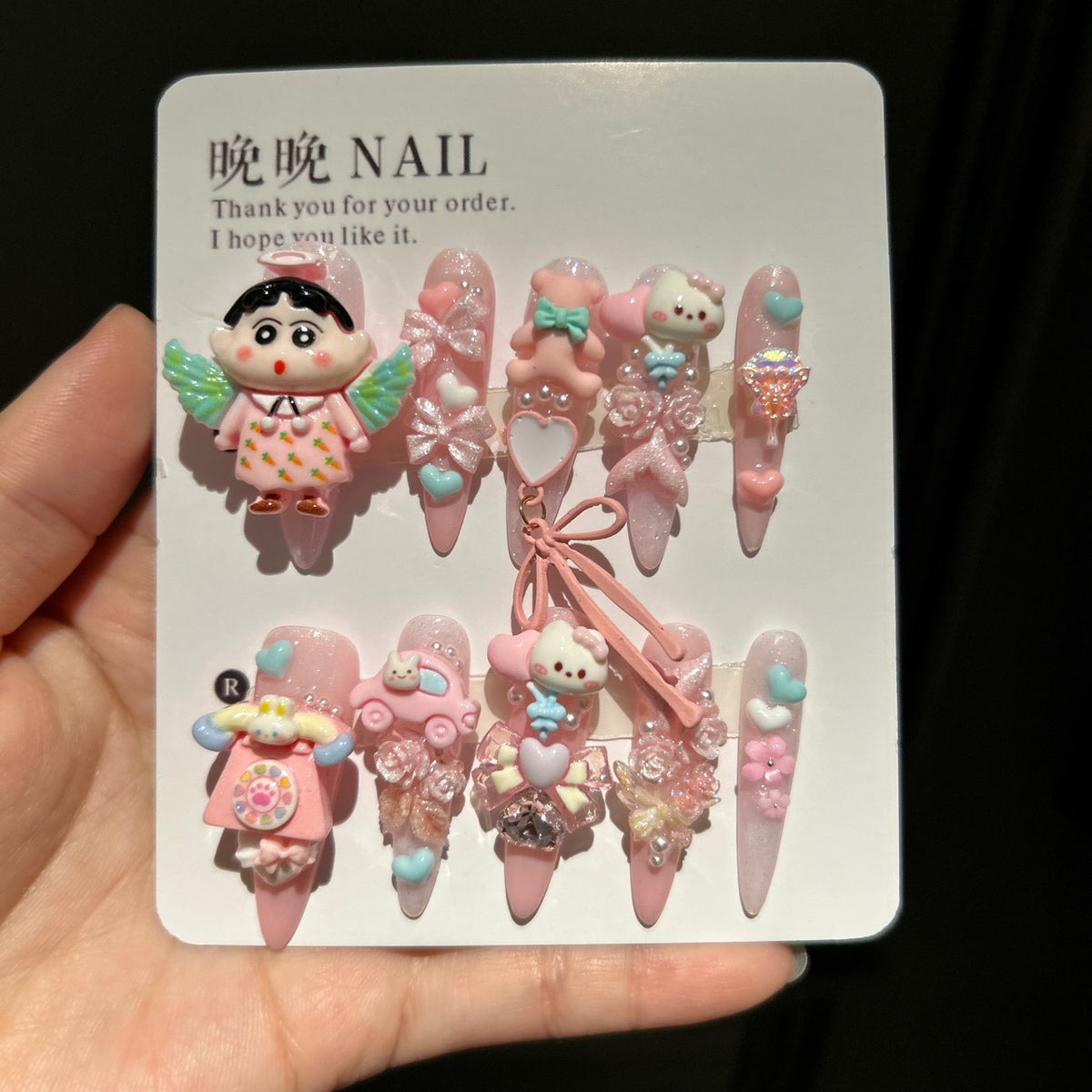 Handmade Kawaii Pink Glitter Long Stiletto Press On Nails with 3D Angel Crayon Shin-chan, Bear & Bunny Cartoon Charms