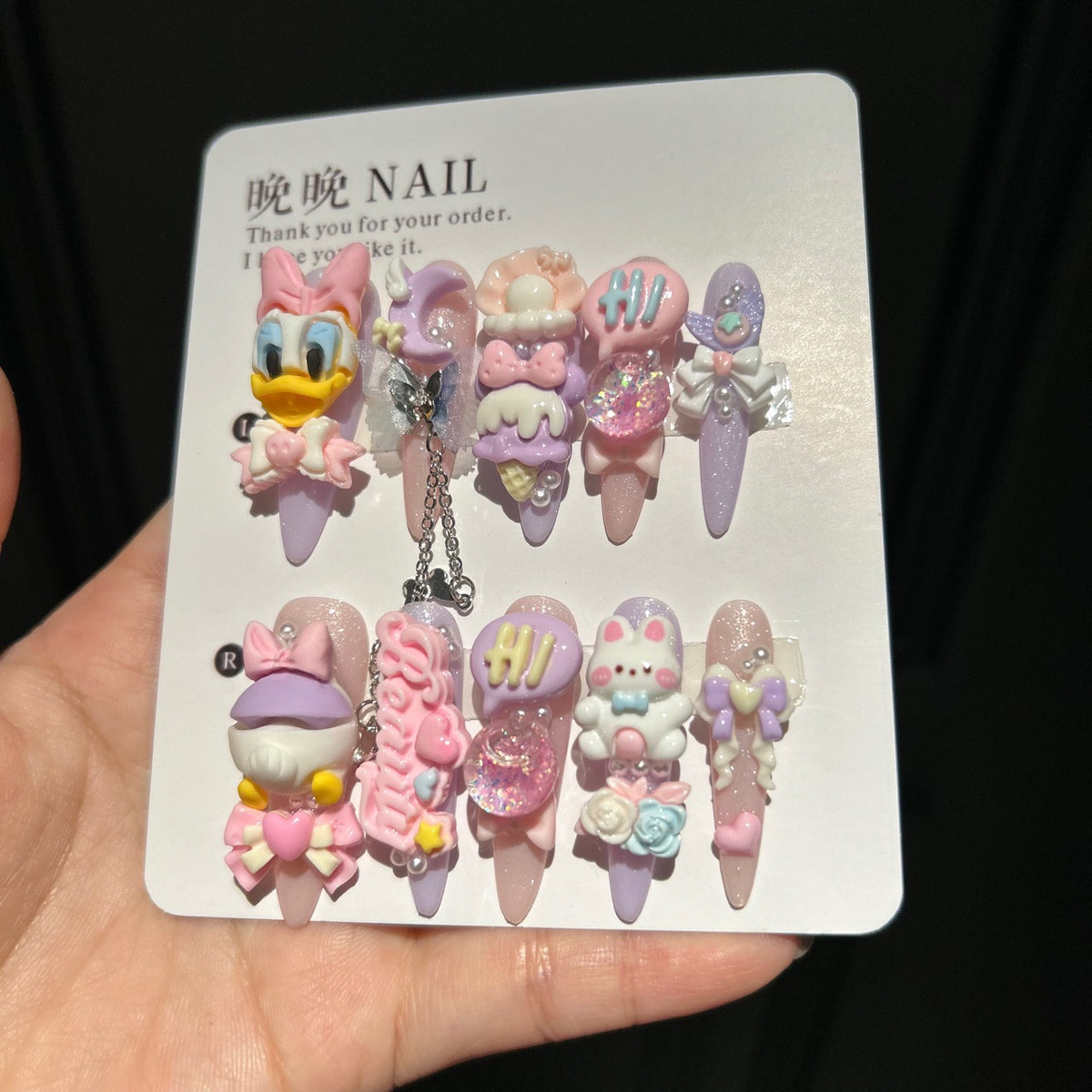 Pastel Purple & Pink Stiletto Press-on Nails with 3D Daisy Duck, Cute Bunny, Ice Cream, Speech Bubble, and Interlinked Chain - Y2K Kawaii Fake Nail Set