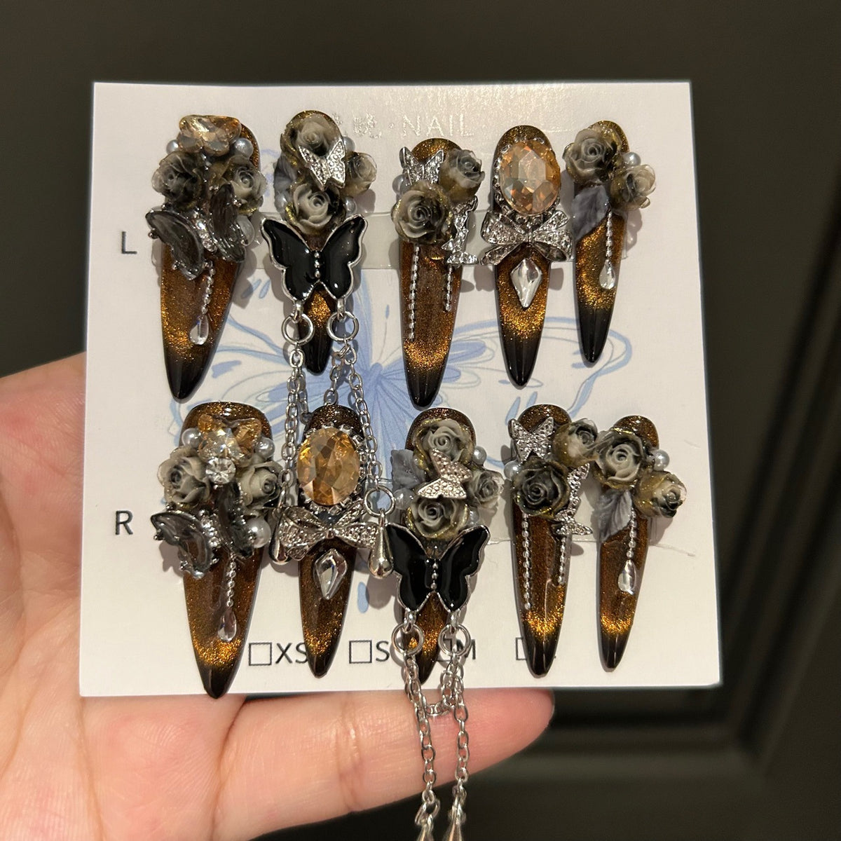 Handmade Golden Cat Eye Long Stiletto Press On Nails with 3D Smoky Roses, Black Butterfly Charms, Amber Crystals & Hanging Chains
