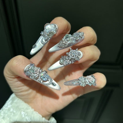 Silver Metallic Stiletto Press-on Nails with 3D Rose, Rhinestone, and Clear Heart Charms - Luxury Fake Nail Set
