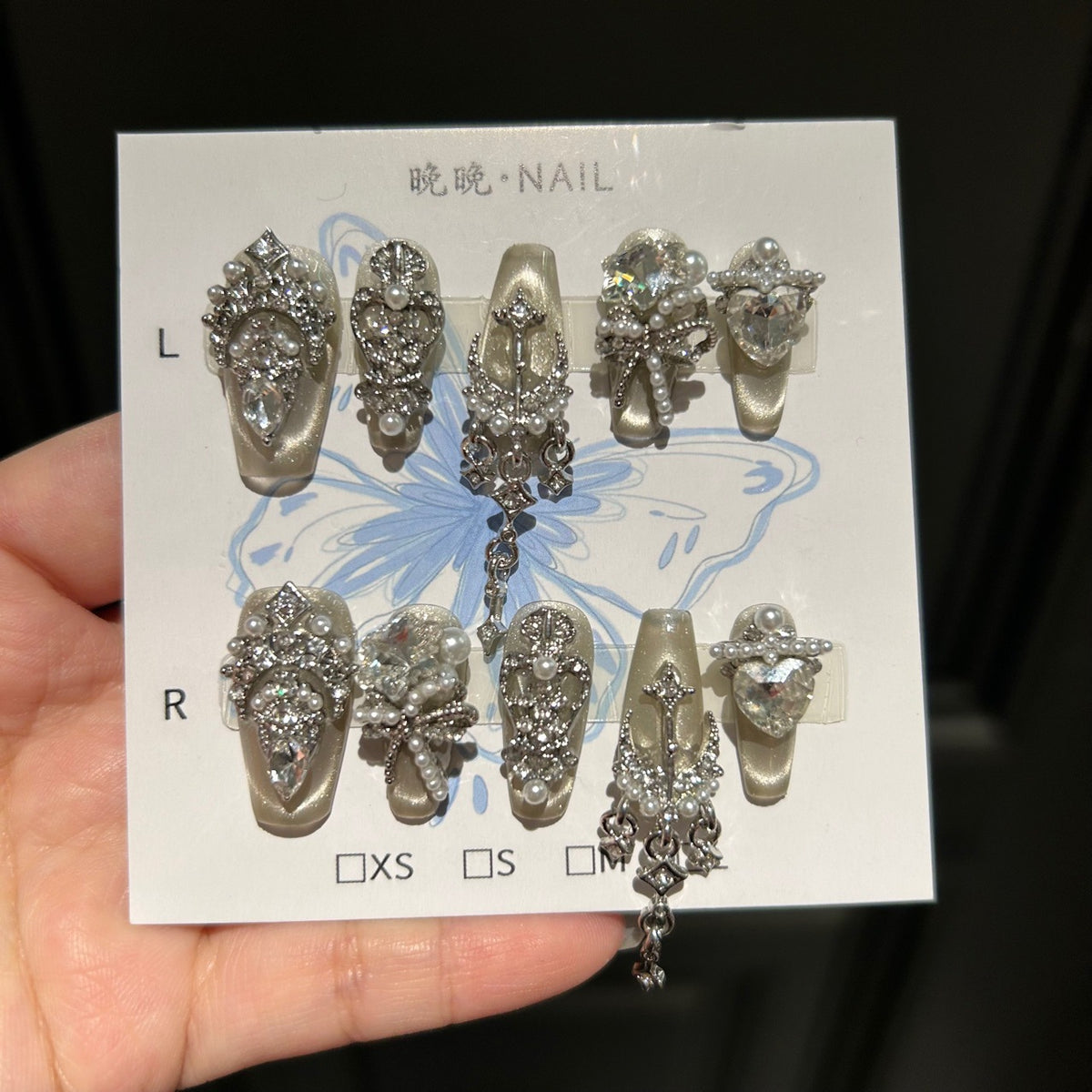 Handmade Cream Champagne Cat Eye Long Stiletto Press On Nails with Silver Rhinestone Filigree, Giant Heart Crystals & Dangling Chains