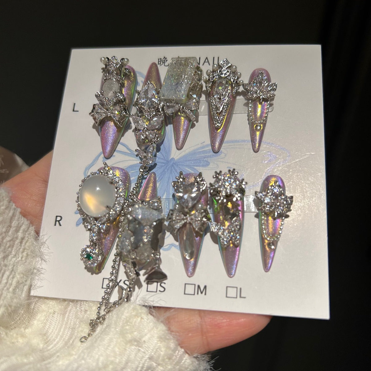 Handmade Iridescent Aurora Long Stiletto Press On Nails with Opal Gem Accents, Silver Rhinestone Bow & Star Charms, Pearls & Long Dangling Chains