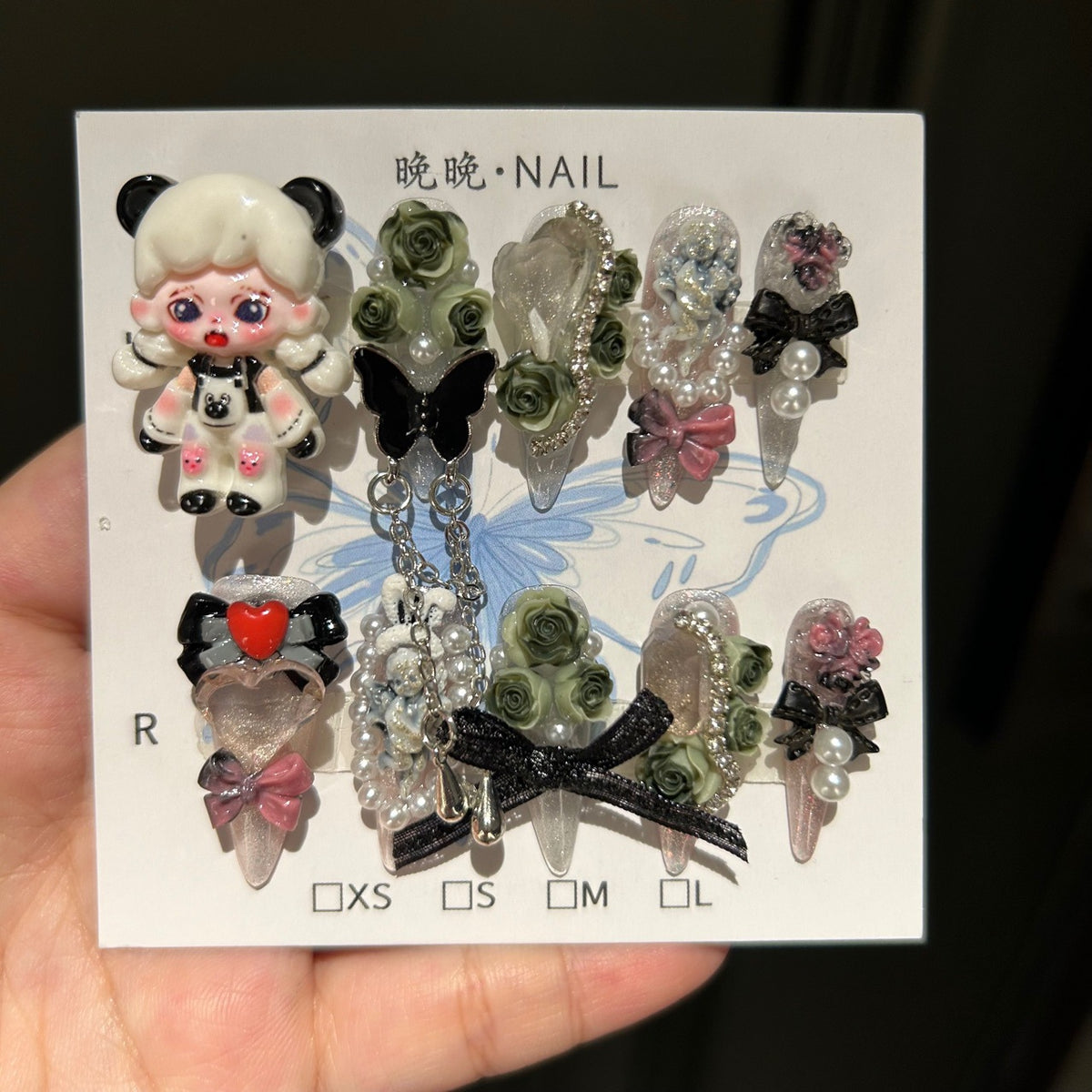 Handmade Clear Glitter Long Stiletto Press On Nails with 3D Panda Girl Resin Charms, Dark Green Roses, Butterfly, Fabric Bows, Pearls & Dangling Chains