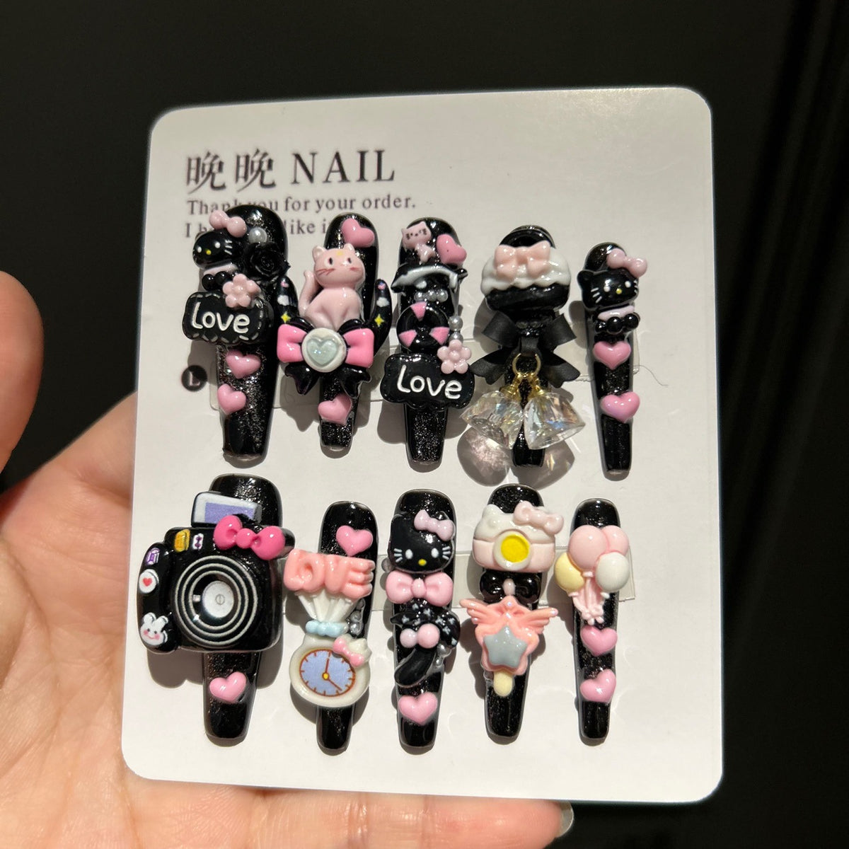 Black & Pink Glitter Coffin Press-on Nails with 3D Hello Kitty, Cute Cat, Camera, Clock, Bow, and Crystal Charms - Y2K Kawaii Fake Nail Set