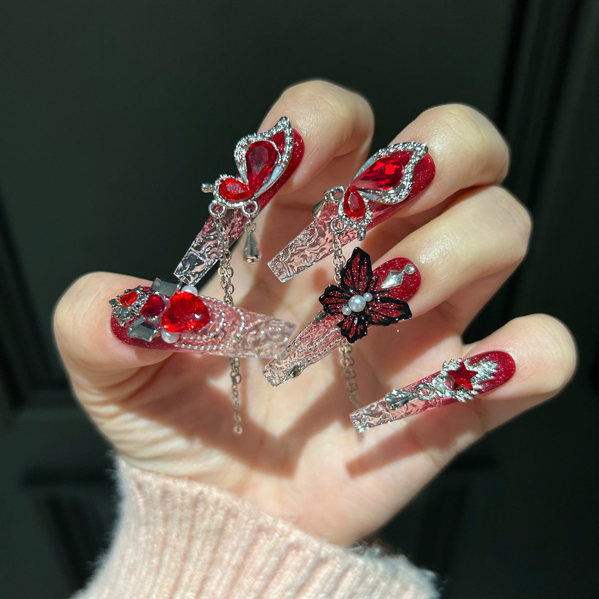 Handmade Red Glitter Ombre Clear Long Coffin Press On Nails with Red Heart Crystals & Black Butterfly Charms