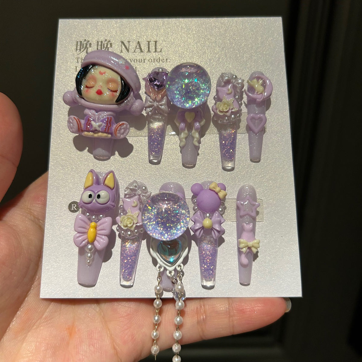 Handmade Light Purple Glitter Long Coffin Press On Nails with 3D Cartoon Doll, Rabbit, Shaker Bubble & Bow Charms