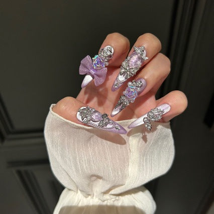 Handmade Lavender Metallic Long Stiletto Press On Nails with Iridescent 3D Roses, Glitter Bows, Rhinestone Butterfly & Crown Charms, Pearl Accents