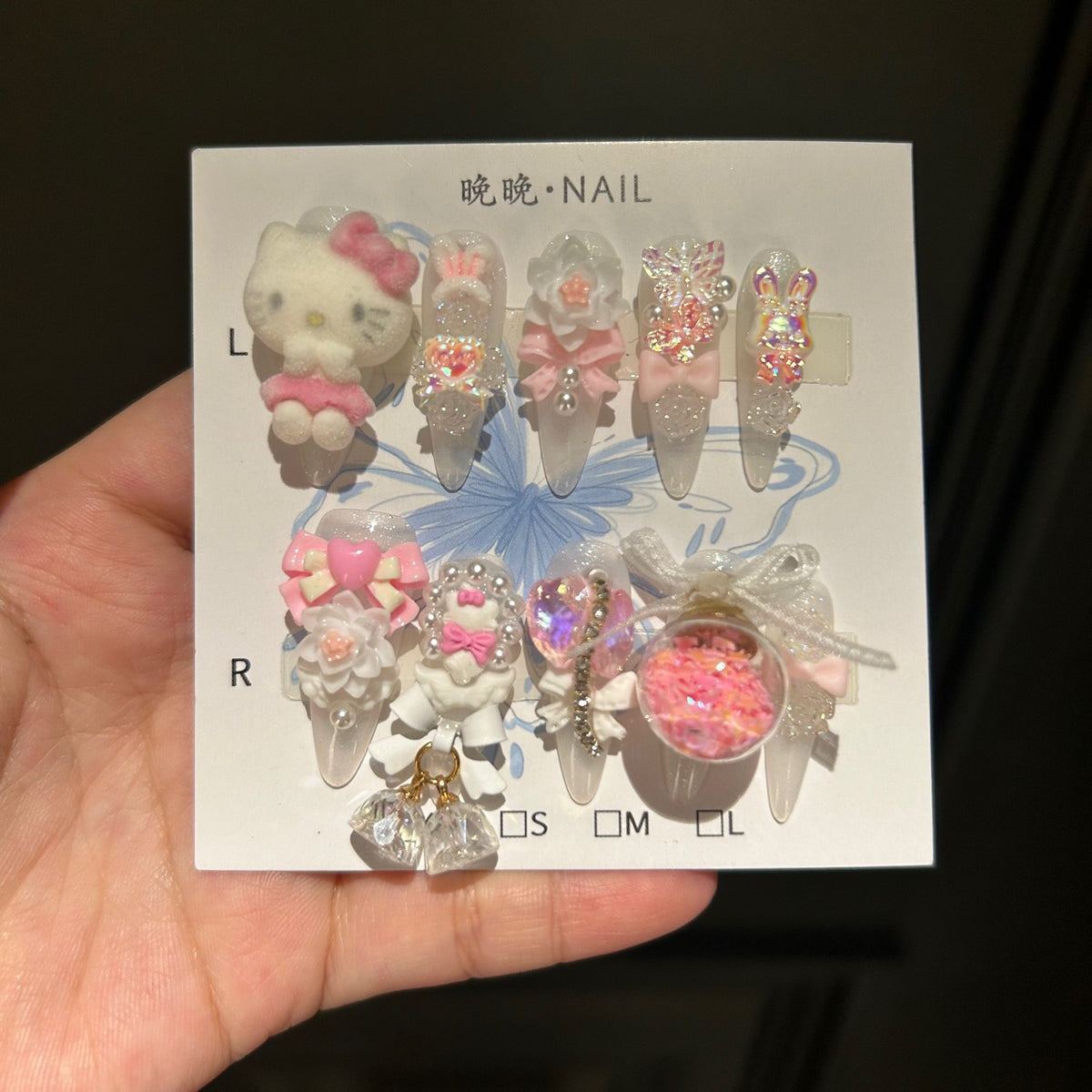 Handmade Clear Glitter Long Stiletto Press On Nails with 3D Flocked Cartoon Character, Bows & Shaker Bubble Charms