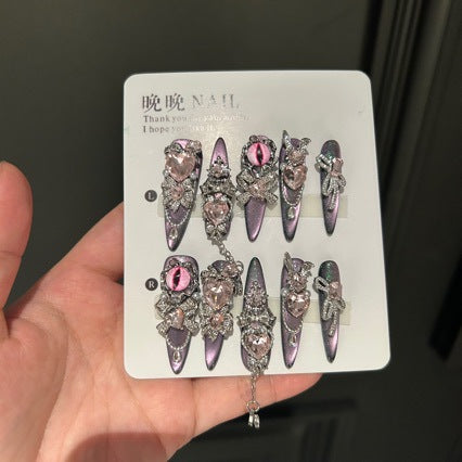 Handmade Dark Purple Metallic Long Stiletto Press On Nails with Pink Evil Eye Charms, Giant Pink Heart Crystals, Rhinestone Clusters & Dangling Silver Chains