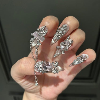 Handmade Nude Pink Cat Eye Press On Nails, Long Stiletto Fantasy Princess False Nails with Giant Pink Heart Rhinestones, Silver Castle Charms, Rhinestone Bows, Pearls & Dangling Silver Chains, Reusable Fake Nails for Wedding, Party & Cosplay
