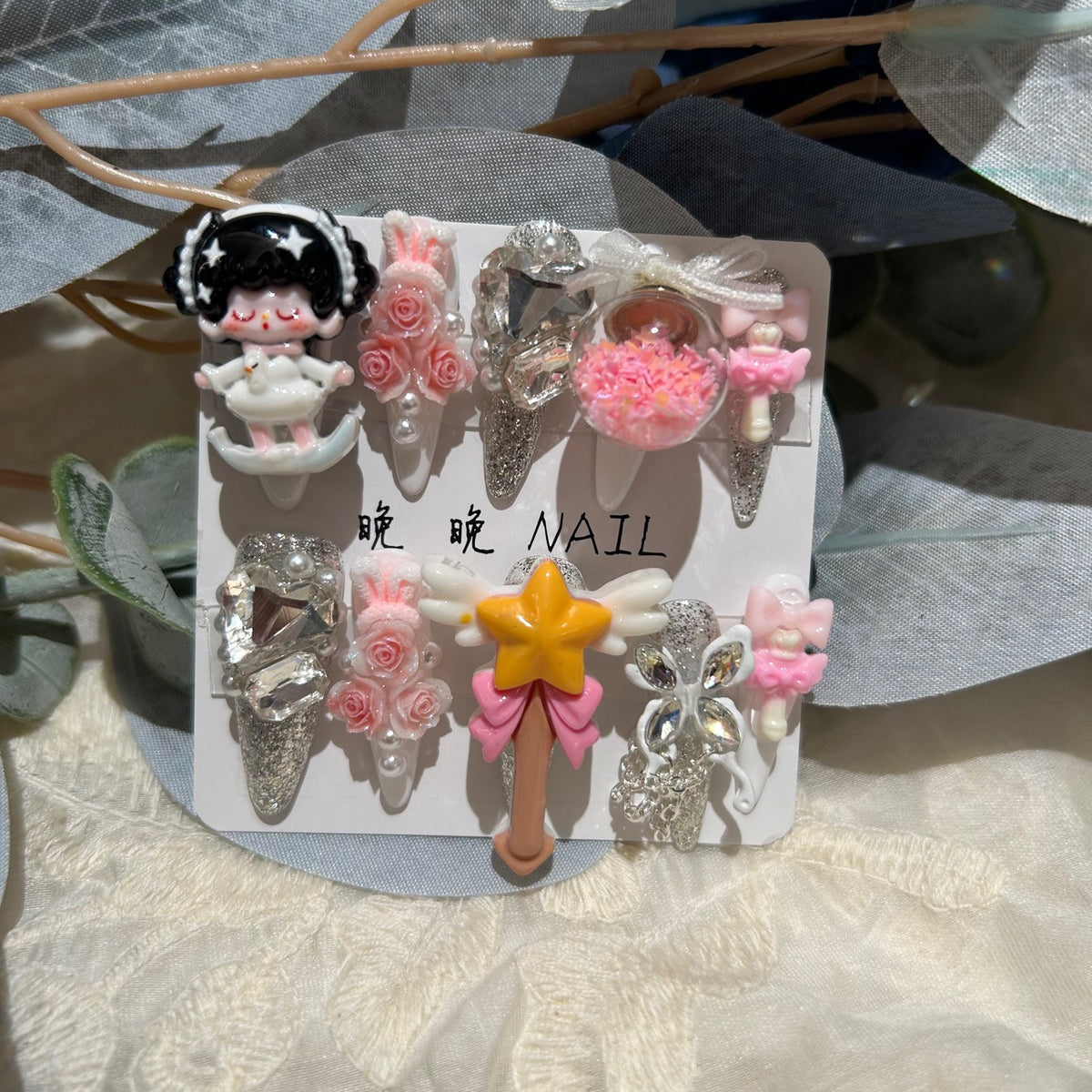 Handmade Kawaii Silver Glitter Long Stiletto Press On Nails with 3D Cartoon Doll, Magic Wand, Pink Roses & Floating Shaker Ball Charms