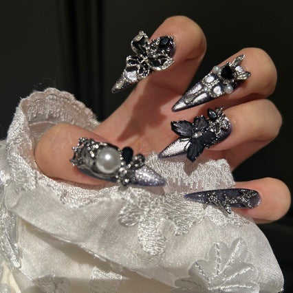 Grey-Purple Cat Eye Stiletto Press-on Nails with 3D Butterfly, Pearl, and Chain Charms - Luxury Gothic Fake Nail Set