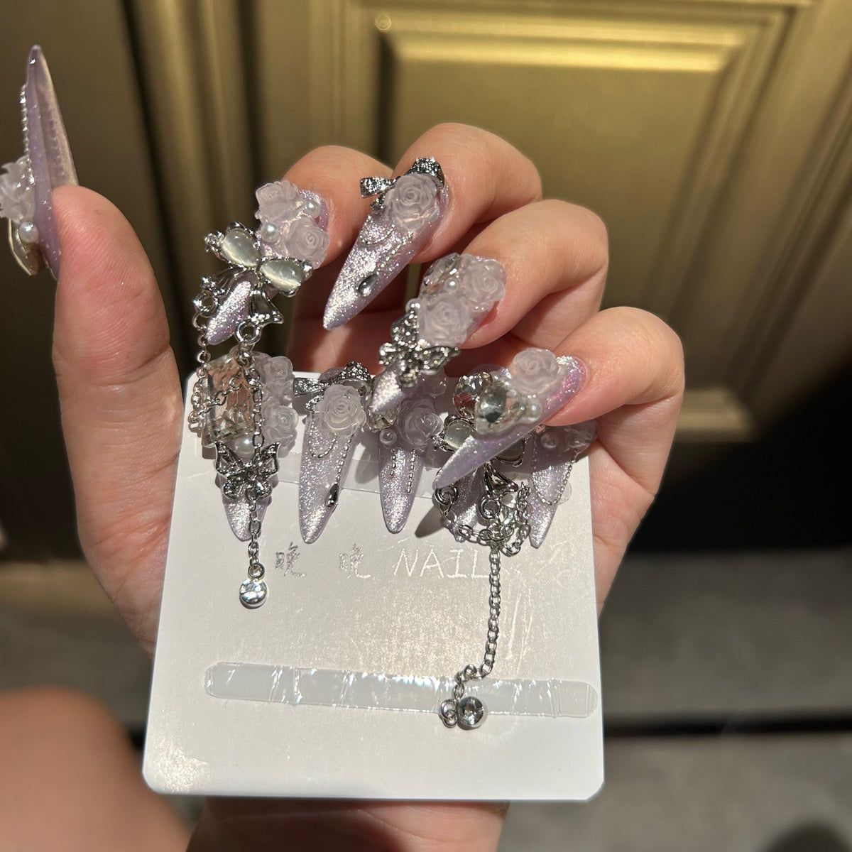 Handmade Pale Lavender 3D Rose Long Coffin Press On Nails with Bow, Crystals & Dangling Chains