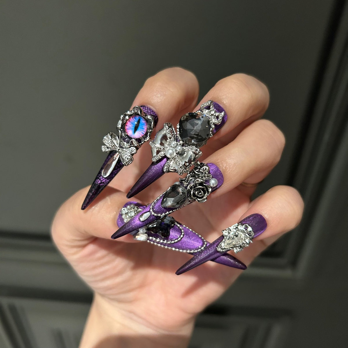 Handmade Purple Cat Eye Long Stiletto Press On Nails with Demon Eye, Black Rose & Giant Crystal Charms