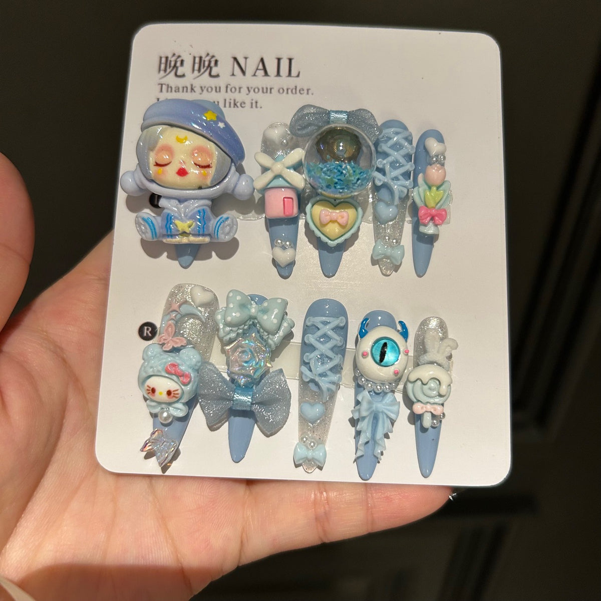 Handmade Blue Kawaii Space Doll Long Stiletto Press On Nails with 3D Resin Charms
