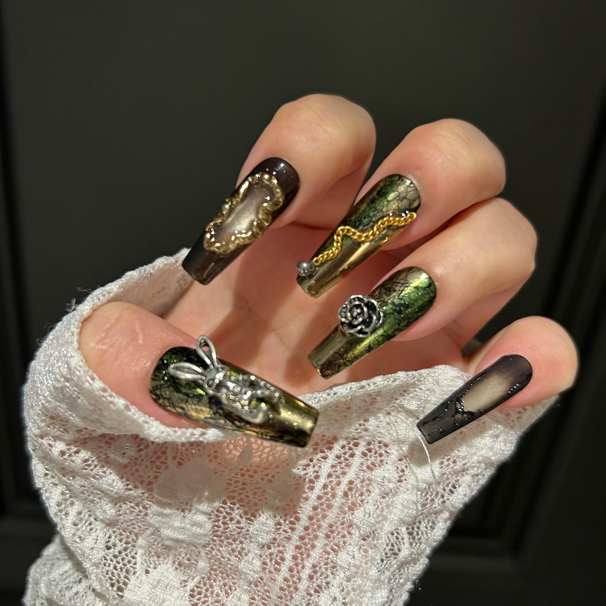 Handmade Moss Green Metallic Long Coffin Press On Nails with Silver Bunny, Bee & Rose Charms, Crackle Texture, Gold Frame Decor