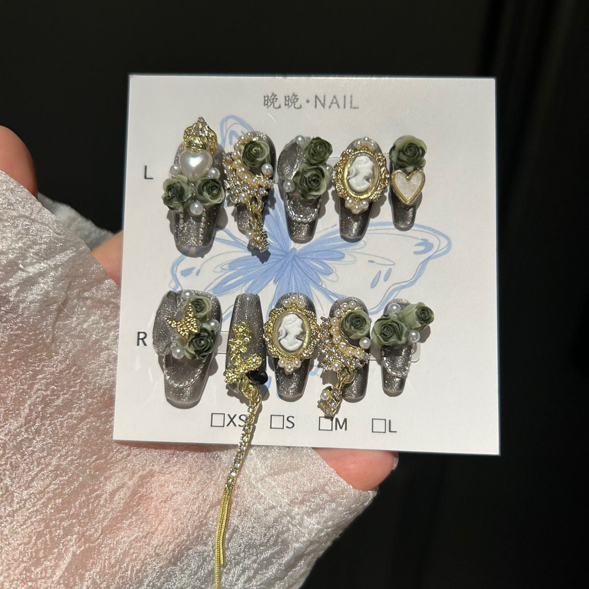 Handmade Vintage Dark Grey Glitter Long Coffin Press On Nails with 3D Olive Green Roses, Cameo Portrait Charms, Gold Metal Ornaments, Pearls & Dangling Tassels