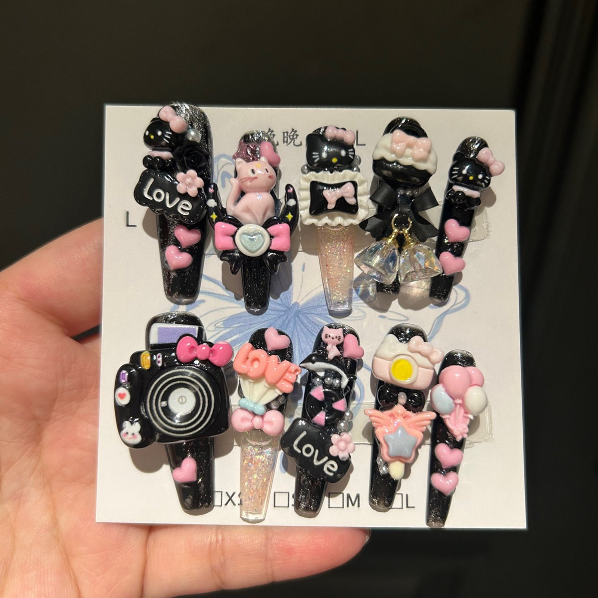 Handmade Black Kawaii Hello Kitty Long Stiletto Press On Nails with 3D Resin Charms