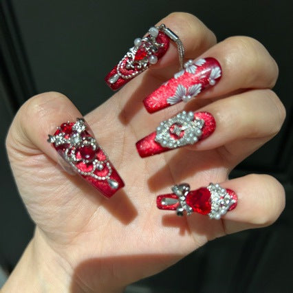 Handmade Red Cat Eye Press On Nails | Luxury Heavy Industry Red Gemstone, White Floral & Tassel Chain Reusable Fake Nails