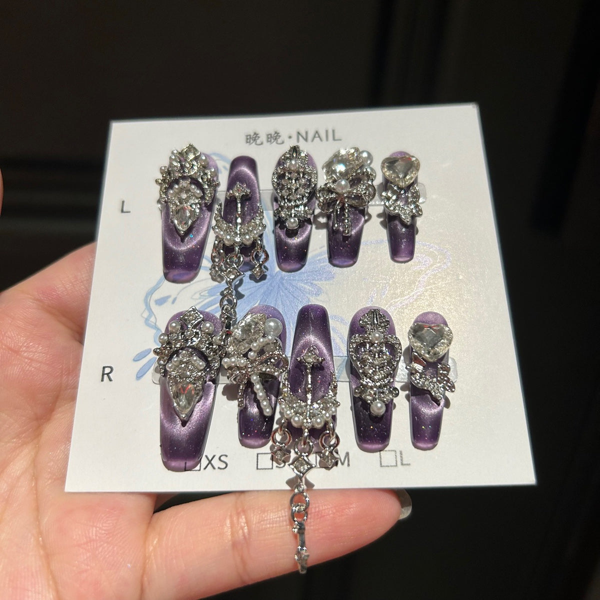 Handmade Purple Cat Eye Long Coffin Press On Nails with Silver Rhinestone Crown, Bow & Heart Crystal Charms, Pearls & Dangling Chains