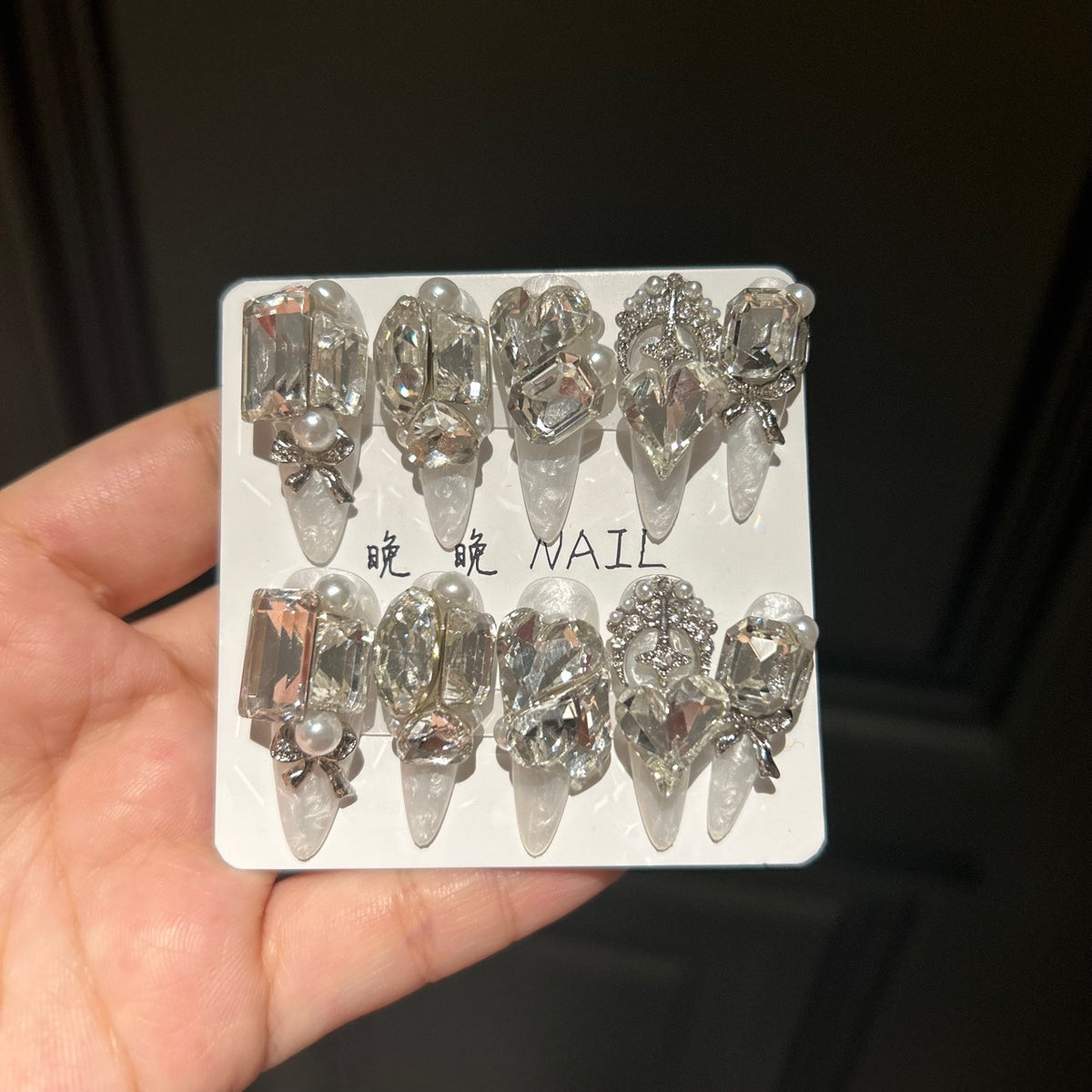 Handmade Clear Crystal Luxury Long Stiletto Press On Nails with Pearls & Silver Bow Charms
